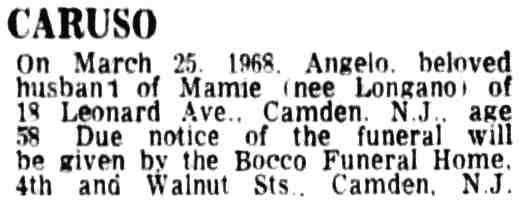 Caruso obituary — Camden Courier-Post, March 26, 1968