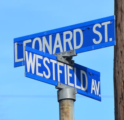 Leonard Avenue at Westfield Avenue street sign — December 3, 2011