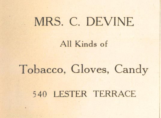 Mrs. C. Devine — Tobacco, Gloves, Candy — 540 Lester Terrace