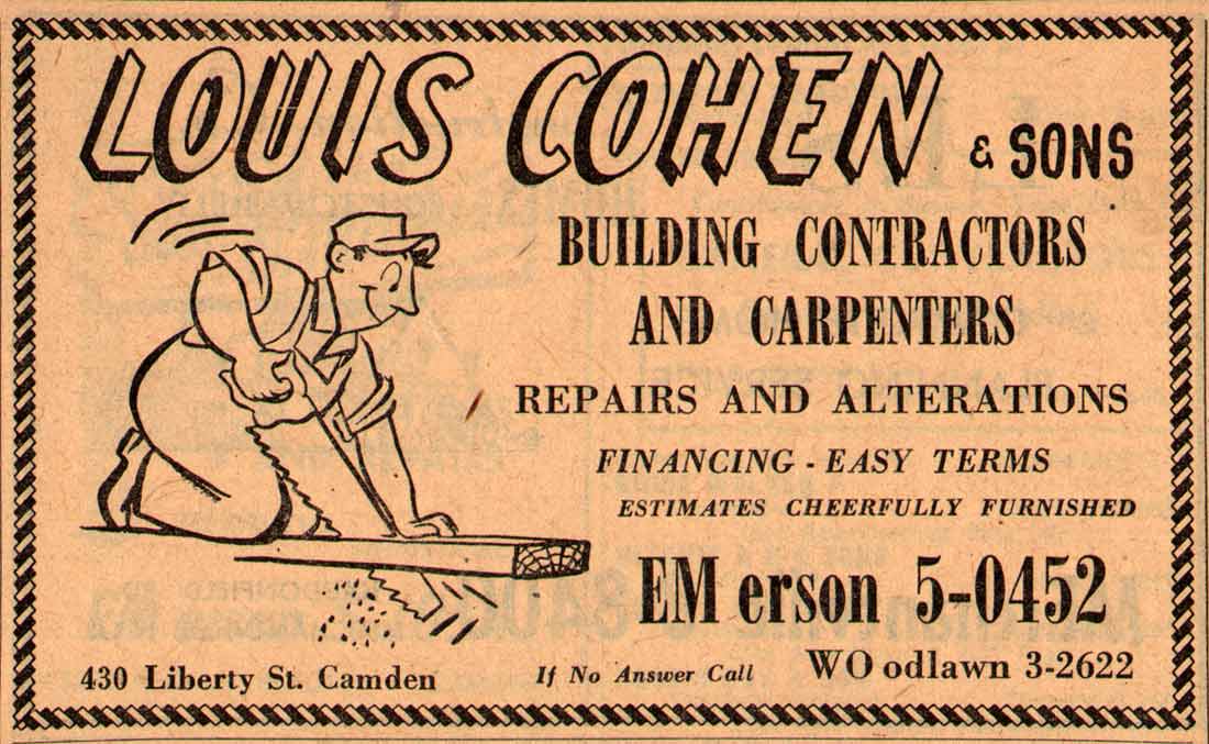 Louis Cohen & Sons, Building Contractors & Carpenters — 1955 New Jersey Bell Telephone Yellow Pages Ad, 430 Liberty Street