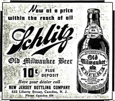 New Jersey Bottling Company advertisement for Schlitz Old Milwaukee Beer, 10 cents, 522 Liberty Street, Camden NJ — Camden Courier-Post, August 27, 1936