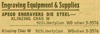 925 Liberty Street — Charles W. Klinzing, 1955 New Jersey Bell Telephone Yellow Pages Ad