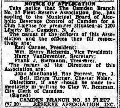 1200 Liberty Street — Camden Branch No. 57, Fleet Reserve Association Inc., Camden Courier-Post, May 24, 1946