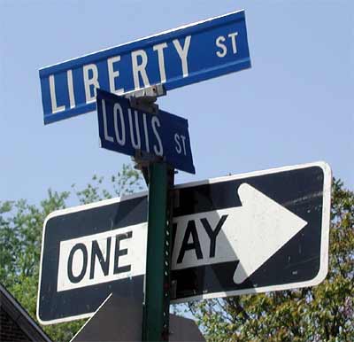 Looking down Liberty Street at the Louis Street intersection