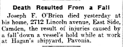 Death Resulted From a Fall — Joseph F. O'Brien, Philadelphia Inquirer December 5, 1903