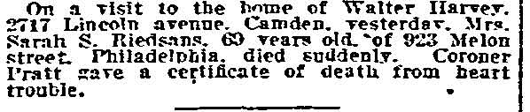 Died Suddenly at Camden Home — Mrs. Sarah S. Riedsans, Philadelphia Inquirer April 15, 1918