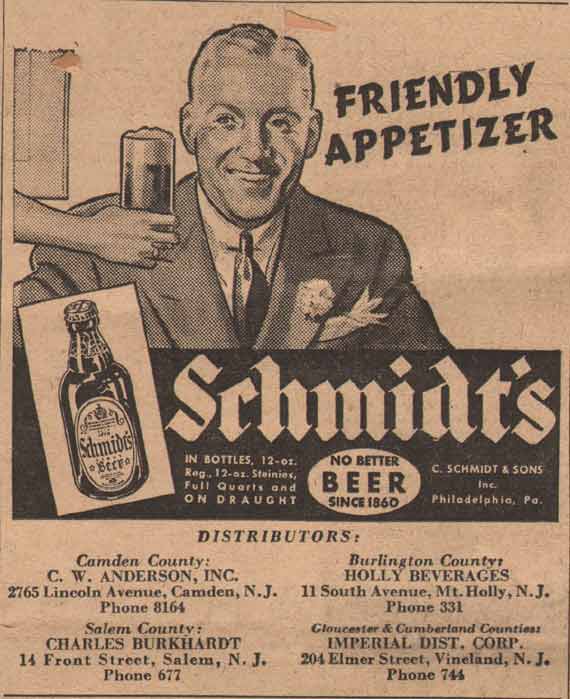 Schmidt's Beer advertisement listing C.W. Anderson Inc. at 2765 Lincoln Avenue, Camden Courier-Post February 11, 1938