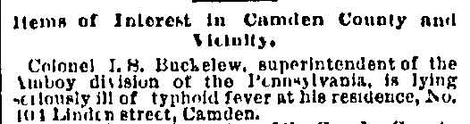 Philadelphia Inquirer, November 22, 1884 — Col. I.S. Buckelew, 104 Linden Street
