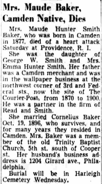 Camden Courier-Post, August 5, 1952 — Cornelius Baker obituary, 115 Linden Street