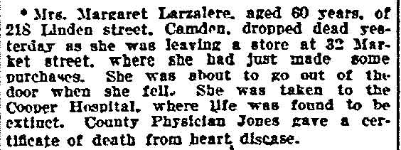 Philadelphia Inquirer, February 15, 1905 — Mrs. Margaret Larzalere, 218 Linden Street