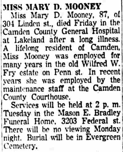 Camden Courier-Post, August 15, 1954 — Mary G. Mooney obituary, 304 Linden Street