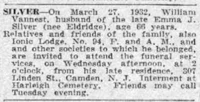 Camden Courier-Post, March 28, 1932 — William Vannest Silver obituary, 307 Linden Street