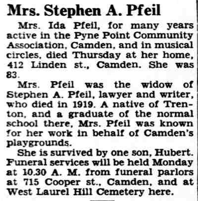 Camden Courier-Post, October 30, 1943 — Ida Pfeil obituary, 412 Linden Street