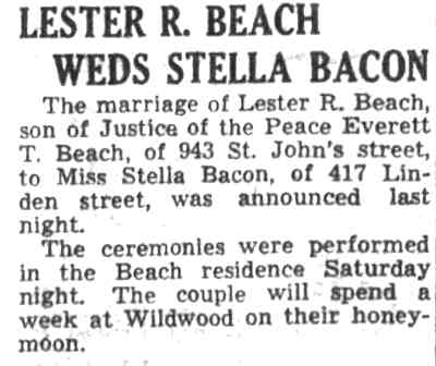 Lester R. Beach Weds Stella Bacon - Camden Courier-Post, July 14, 1941