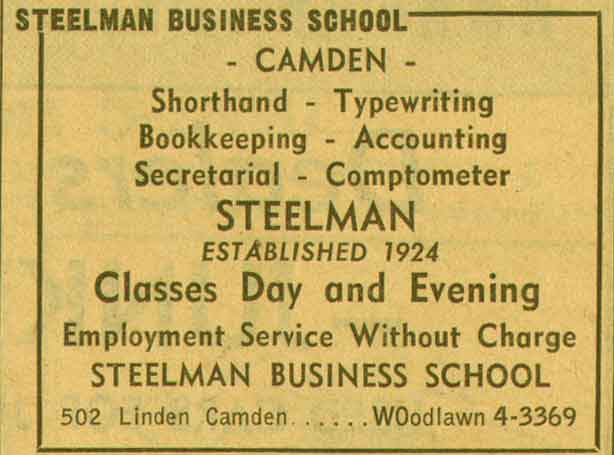 Steelman Business School, 502 Linden Street — 1955 New Jersey Bell Yellow Pages Ad