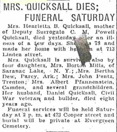 Camden Courier-Post, May 22, 1930 — Daniel Quicksall obituary, 713 Linden Street