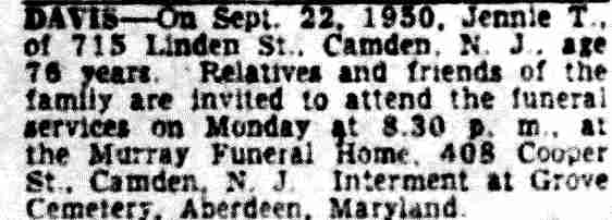 Camden Courier-Post, September 23, 1950 — Jennie T. Davis obituary, 715 Linden Street