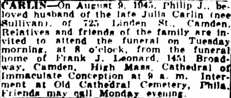 Camden Courier-Post, August 11, 1945 — Philip J. Carlin, 725 Linden Street