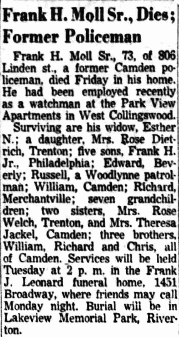 Camden Courier-Post, January 23, 1954 — Frank H. Moll Sr., 806 Linden Street