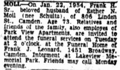Camden Courier-Post, January 23, 1954 — Frank H. Moll Sr., 806 Linden Street — additional clipping