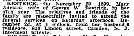 Philadelphia Inquirer, November 20, 1899 — George W. Restrick, 816 Linden Street