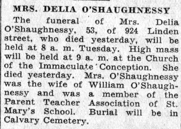 Camden Courier-Post, August 31, 1935 — William O'Shaughnessy obituary, 924 Linden Street