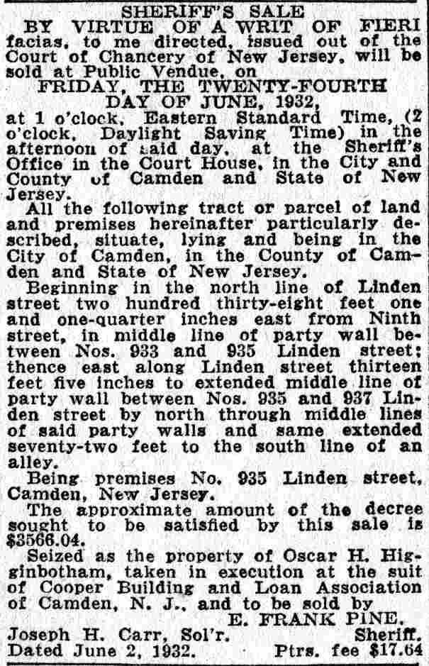 Camden Courier-Post, June 9, 1932 — Oscar H. Higgenbotham, 935 Linden Street
