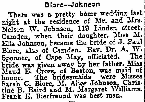 Philadelphia Inquirer, June 24, 1904 — Wedding of M. Ella Johnson and J. Paul Blore at 119 Linden Street