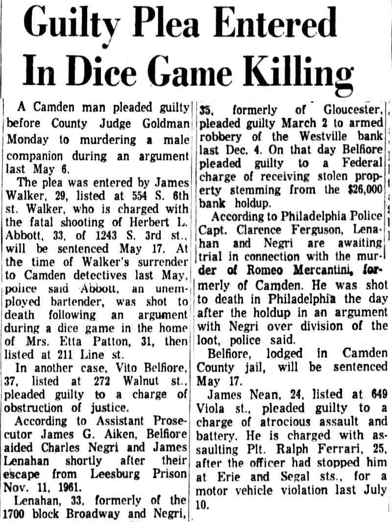Guilty Plea Entered in Dice Game Killing — Camden Courier-Post, April 24, 1962