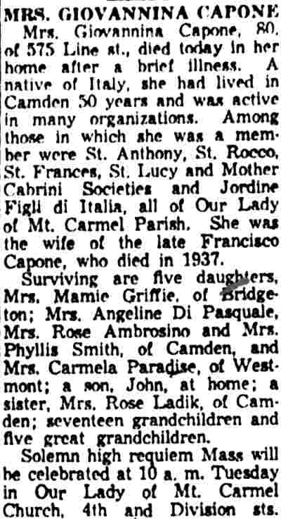 575 Line Street — Mrs. Giovannina Capone, 1957. Camden Courier-Post, December 28, 1957