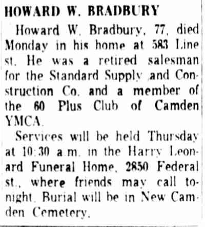 583 Line Street — Howard W. Bradbury, Camden Courier-Post, August 16, 1961