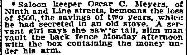 825 Line Street — Oscar C. Meyers saloon, Philadelphia Inquirer, February 27, 1895