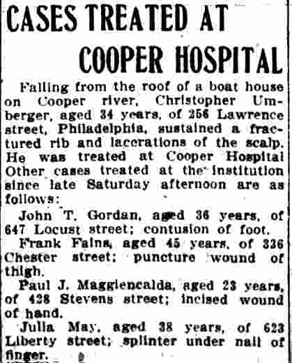 Cases Treated at Cooper Hospital, Camden Post-Telegram, December 16, 1912
