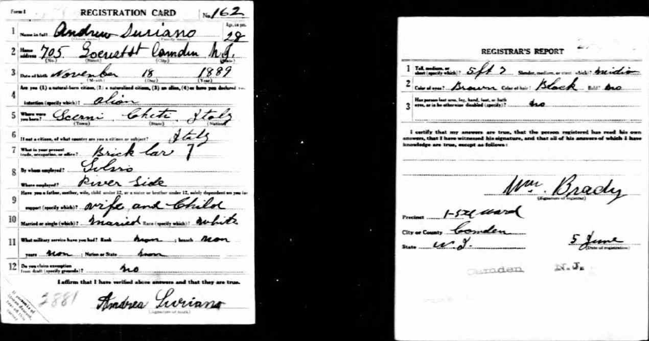 WWI Draft Card for Andrew Suriano of 705 Locust Street, 1917