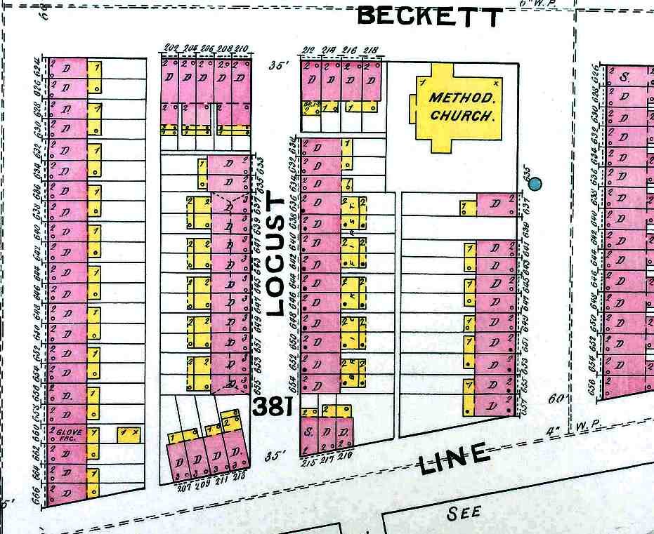 Sanborn map of the 600 block of Locust Street, 1891