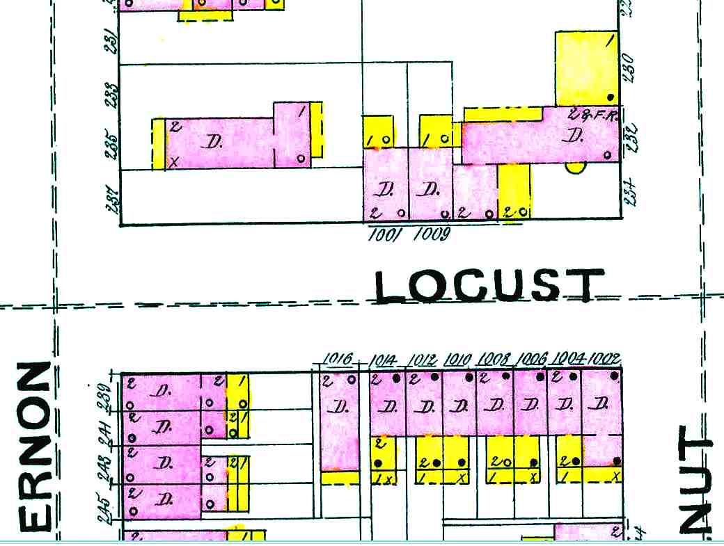 Sanborn map of the 1000 block of Locust Street (1002–1016), 1891
