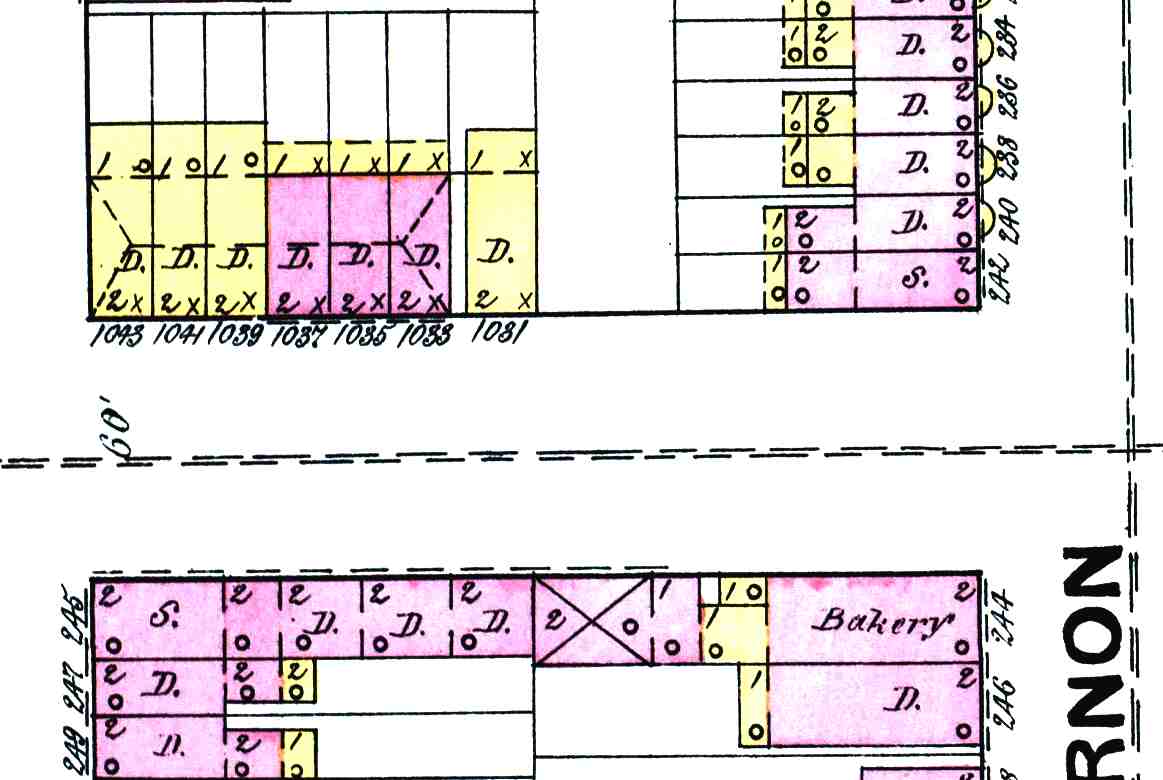 Sanborn map of the 1000 block of Locust Street (1027–1043), 1891