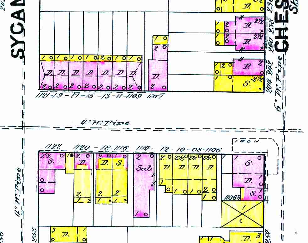 Sanborn map of the 1100 block of Locust Street (1106–1122), 1891