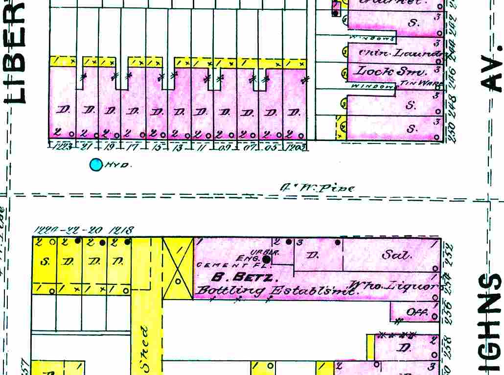 Sanborn map of the 1200 block of Locust Street (1203–1224), 1891