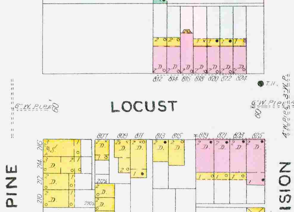 Sanborn map of the 800 block of Locust Street (804–825), 1906