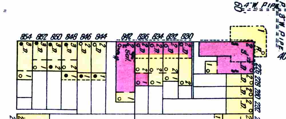 Sanborn map of the 800 block of Locust Street (830–854), 1906