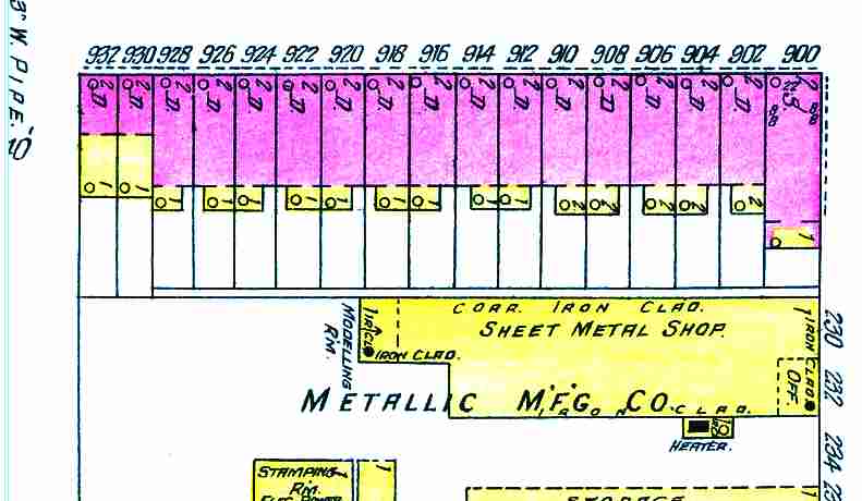 Sanborn map of the 900 block of Locust Street, 1906 (900–932)