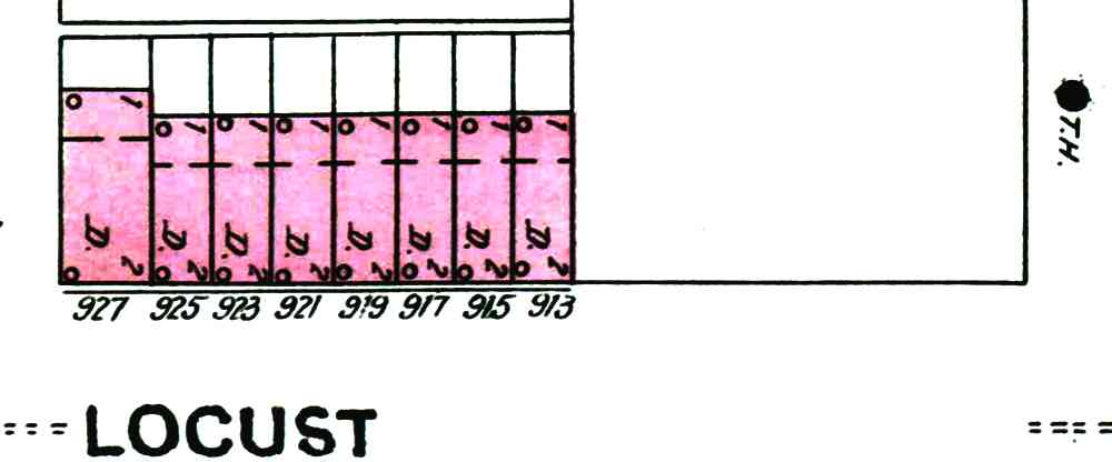 Sanborn map of the 900 block of Locust Street, 1906 (913–927)