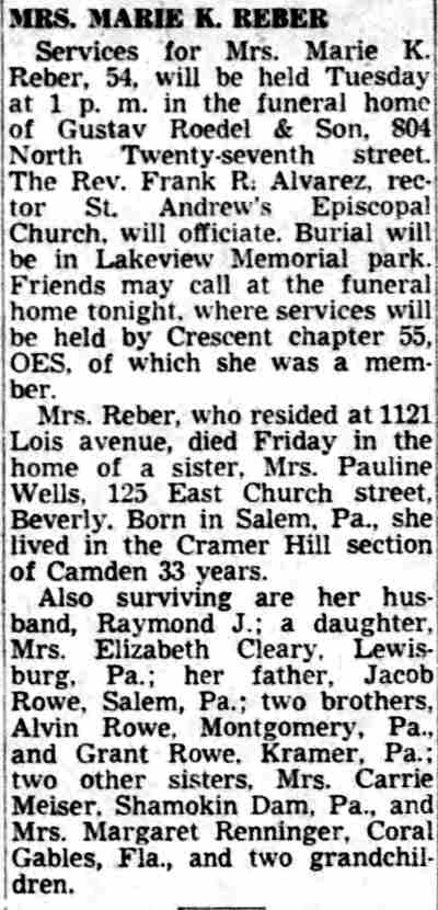 Mrs. Marie K. Reber obituary — Camden Courier-Post, August 20, 1951