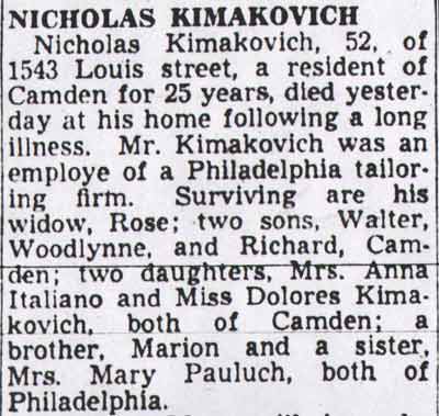 1543 Louis Street — Nicholas Kimakovich & Family, Camden Courier-Post September 9, 1949
