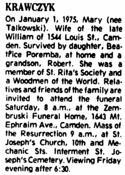 1544 Louis Street — Mrs. Mary Talkowski Krawczyk & Family, Camden Courier-Post January 3, 1975