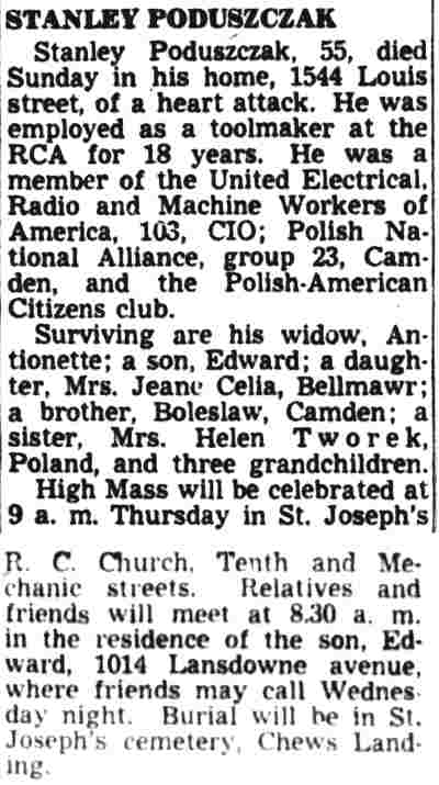 1544 Louis Street — Stanley Poduszczak & Family, Camden Courier-Post October 31, 1949