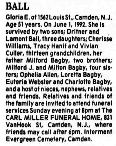 1562 Louis Street — Gloria E. Ball, Camden Courier-Post June 5, 1992