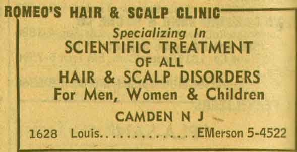1628 Louis Street — Romeo's Hair & Scalp Clinic, 1955 NJ Bell Telephone Yellow Pages ad