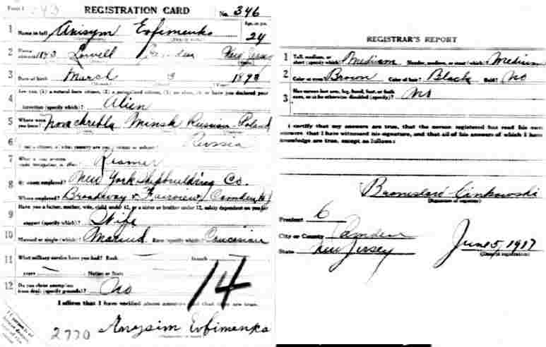World War I draft registration card for Anisim Evfimenko, 1143 Lowell Street, Camden, June 5, 1917